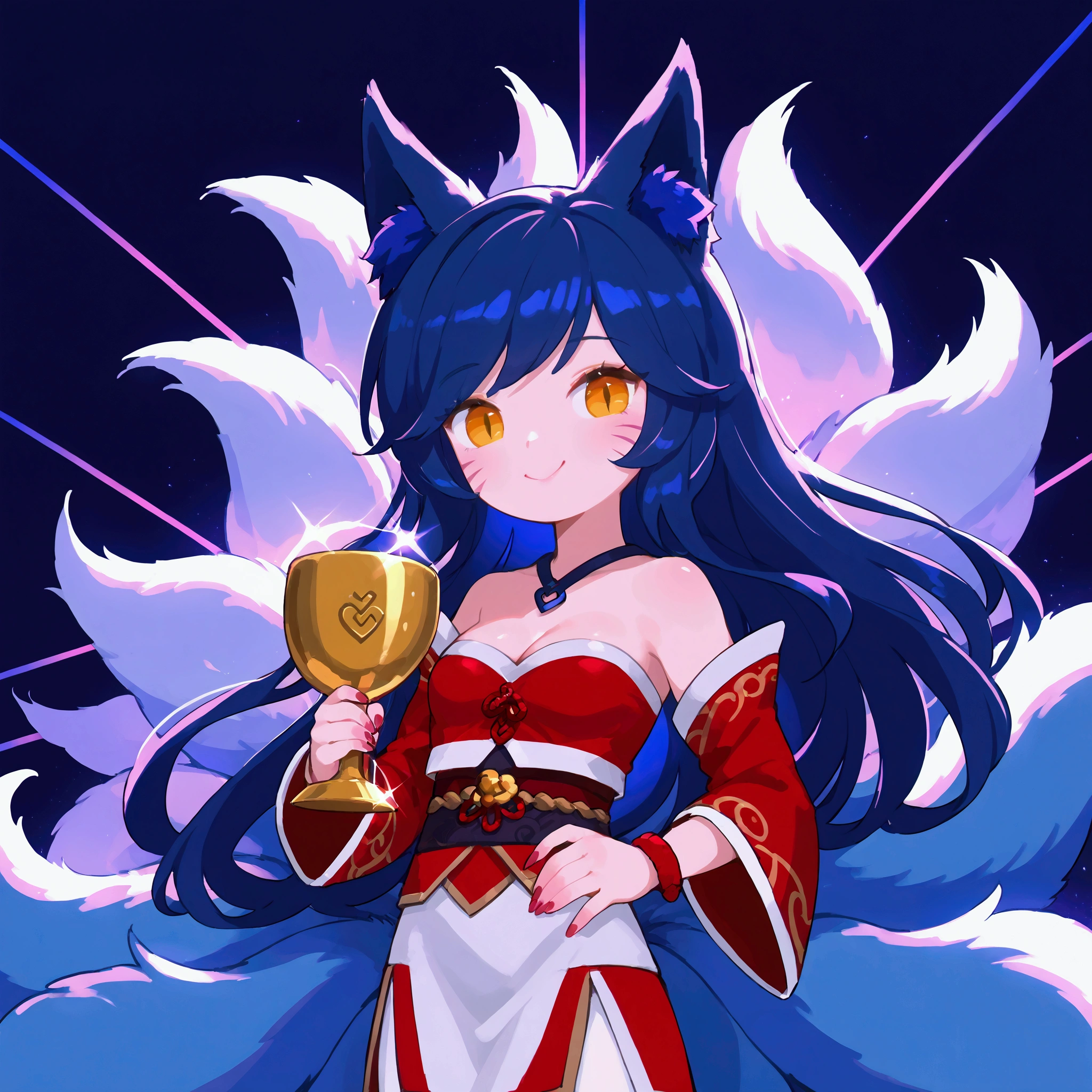 1girl\(cute, (ahri:1.3), fox tail, bare shoulders, detached sleeves, (red korean clothes:1.2), (multiple tails), lips, slit pupils, fox ears, beautiful smile, cleavage, holding shiny golden trophy,dynamic pose\). BREAK .background\((at arena:1.3) for game\(league of legends\) competition\(EVO\(Evolution Championship Series\)\). blue neon, purple neon, gaming lighting . (many audiences)\),dynamic angle. BREAK .quality\(8k,wallpaper of extremely detailed CG unit, high resolution, top-quality, top-quality real texture skin, hyper realistic, increase the resolution, RAW photos, best quality, highly detailed, the wallpaper,golden ratio,high saturation realism, vibrant colors, dramatic lighting, persuasive storytelling, atmospheric scenery, captivating visuals, intricate details, strong emotions,dreamlike world\)