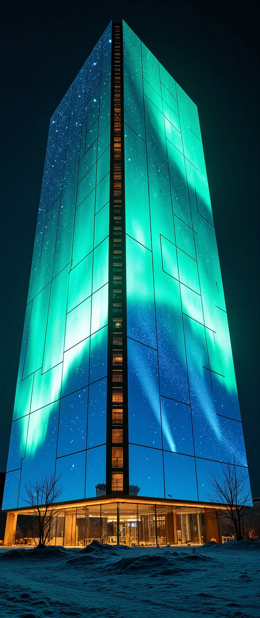 (masterpiece:1.2),(Best Quality),(Super detailed),(  Ultra High Definition),(  photorealistic),(  RAW Photos),16k, wallpaper,  close-up of a hotel building composed of multiple LED screens , Yellowknife auroras are depicted on all LED screens ,progressive,  Installation Art,(night)