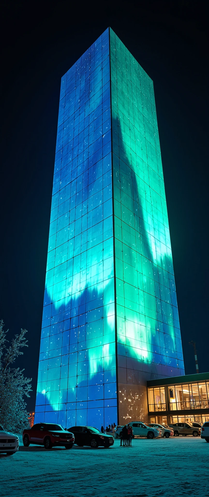 (masterpiece:1.2),(Best Quality),(Super detailed),(  Ultra High Definition),(  photorealistic),(  RAW Photos),16k, wallpaper,  close-up of a hotel building composed of multiple LED screens , Yellowknife auroras are depicted on all LED screens ,progressive,  Installation Art,(night)