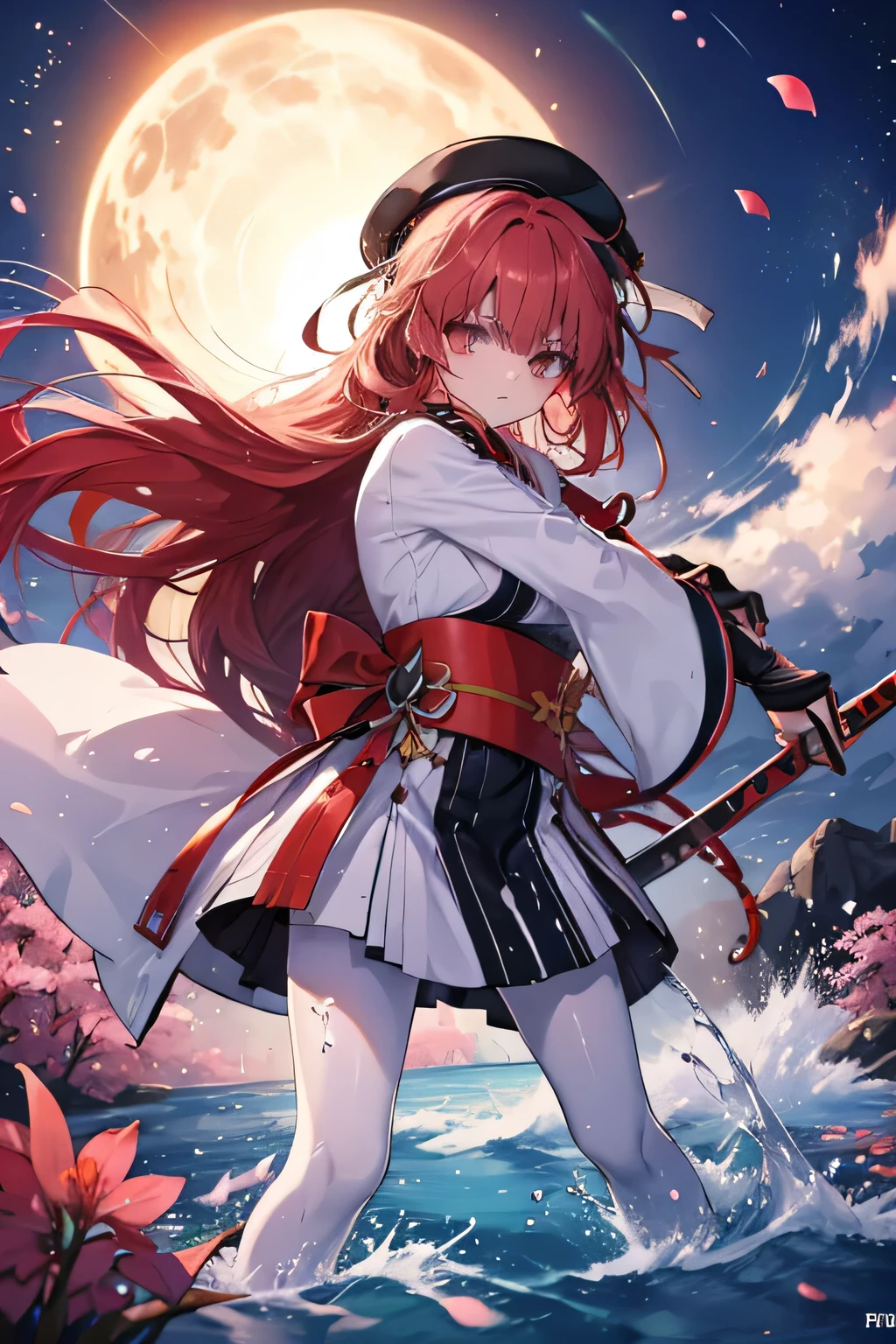  young girl brandishing a katana,  practicing , hat(white beret), Set yukata (combat), black pantyhose,  mmorpg background ,  mmorpg background (A stranger), complete anatomy, graphic effects, first person, gentle breeze, umbrella, sun, Sakura petals,  threatening look( very good ),  looking at the spectator, Crystal clear water(Splashing), aura, Fighting pose, Cosmic essence around, glow