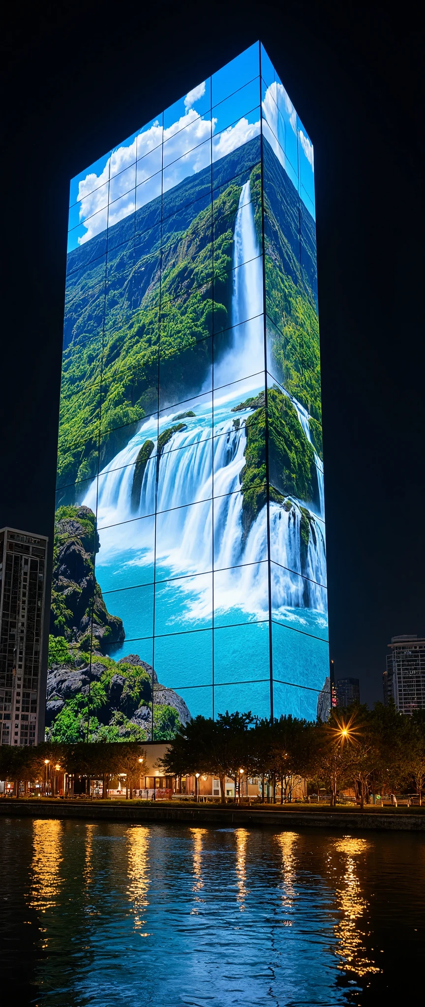 (masterpiece:1.2),(Best Quality),(Super detailed),(  Ultra High Definition),(  photorealistic),(  RAW Photos),16k, wallpaper,  close-up of a hotel building composed of multiple LED screens , Iguazu Falls scenery is depicted on all LED screens ,progressive,  Installation Art,(night)