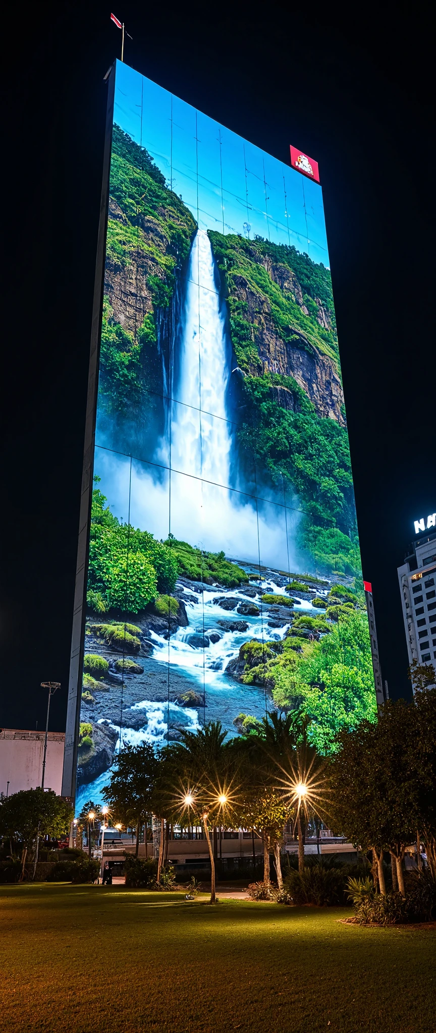 (masterpiece:1.2),(Best Quality),(Super detailed),(  Ultra High Definition),(  photorealistic),(  RAW Photos),16k, wallpaper,  close-up of a hotel building composed of multiple LED screens , Iguazu Falls scenery is depicted on all LED screens ,progressive,  Installation Art,(night)