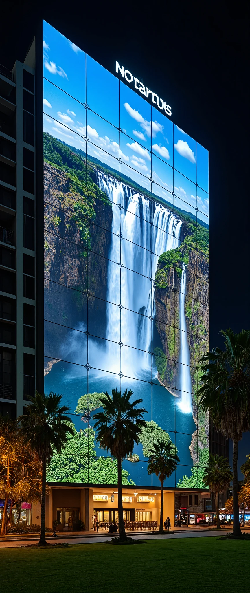 (masterpiece:1.2),(Best Quality),(Super detailed),(  Ultra High Definition),(  photorealistic),(  RAW Photos),16k, wallpaper,  close-up of a hotel building composed of multiple LED screens , Iguazu Falls scenery is depicted on all LED screens ,progressive,  Installation Art,(night)