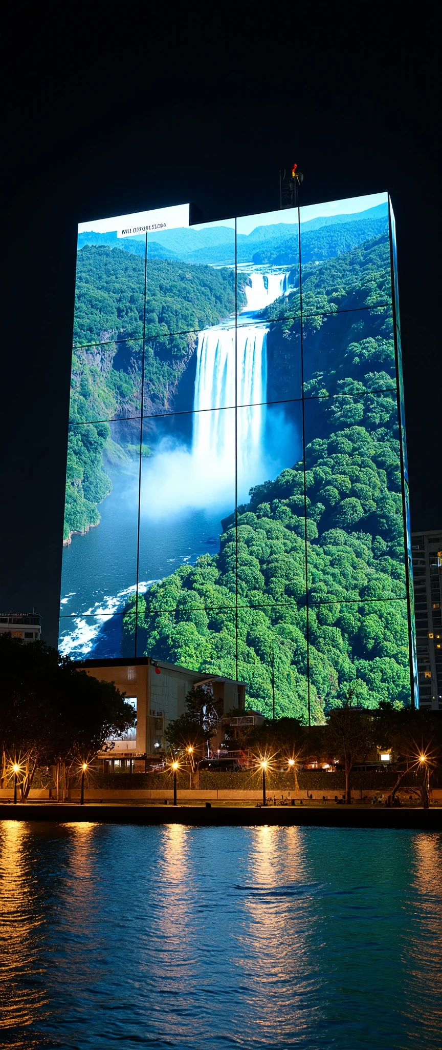 (masterpiece:1.2),(Best Quality),(Super detailed),(  Ultra High Definition),(  photorealistic),(  RAW Photos),16k, wallpaper,  close-up of a hotel building composed of multiple LED screens , Iguazu Falls scenery is depicted on all LED screens ,progressive,  Installation Art,(night)