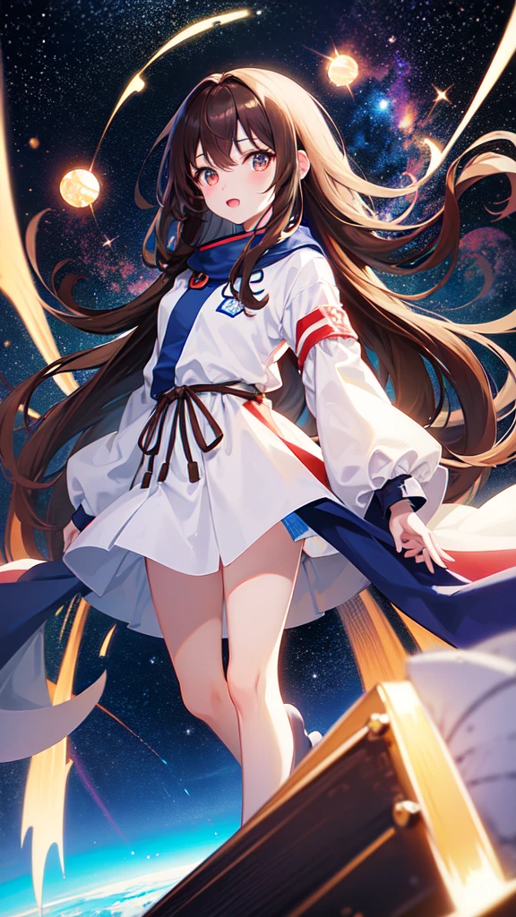 Masamune Shirow, Kenji Tsuruta, Charles Doyle, A E Marty, Japanese Anime, Surreal Mysterious Weird Fantastic Sci-Fi Fantasy, galaxy in library, Miniskirt High School Girl Studying, perfect voluminous body, beautiful girl, solar system planets floating around girl, hyper detailed, realistic, high resolution high definition high quality masterpiece