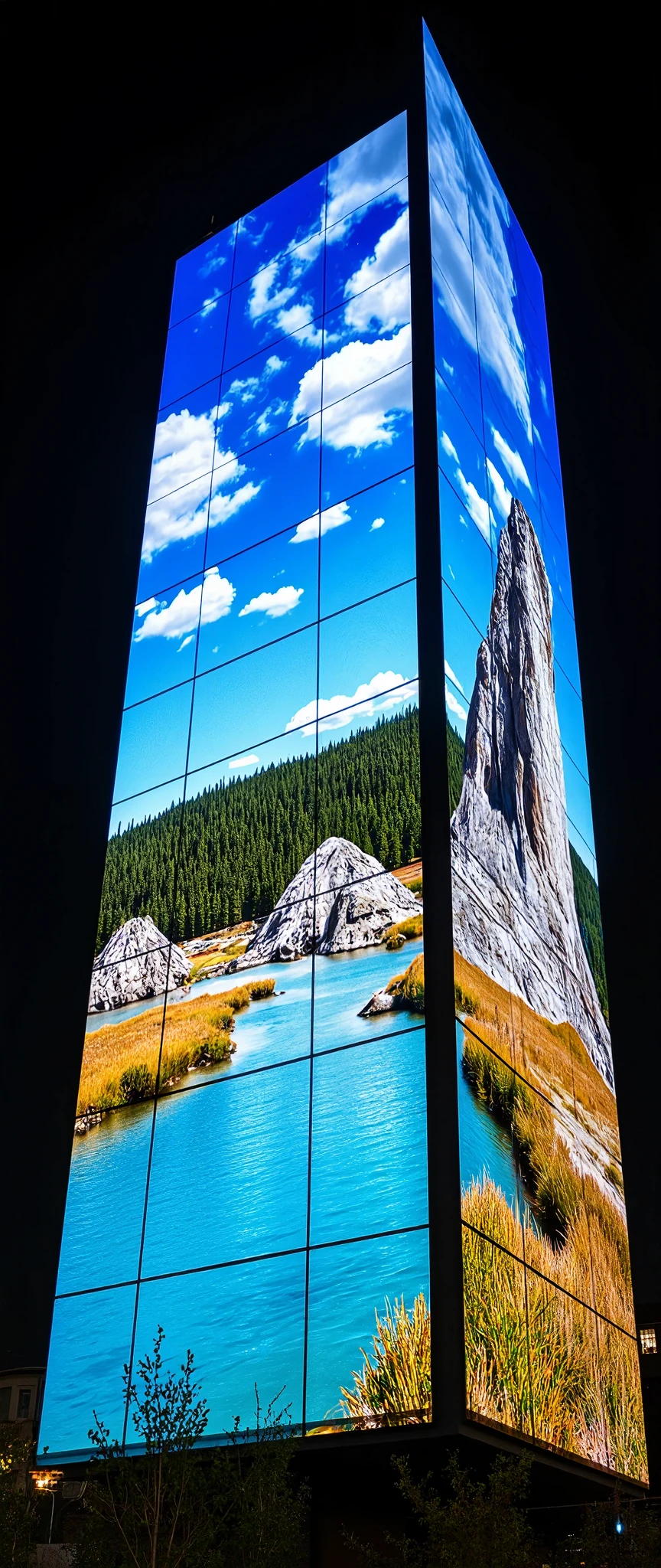 (masterpiece:1.2),(Best Quality),(Super detailed),(  Ultra High Definition),(  photorealistic),(  RAW Photos),16k, wallpaper,  close-up of a hotel building composed of multiple LED screens , All LED screens depict Yellowstone National Park scenery ,progressive,  Installation Art,(night)