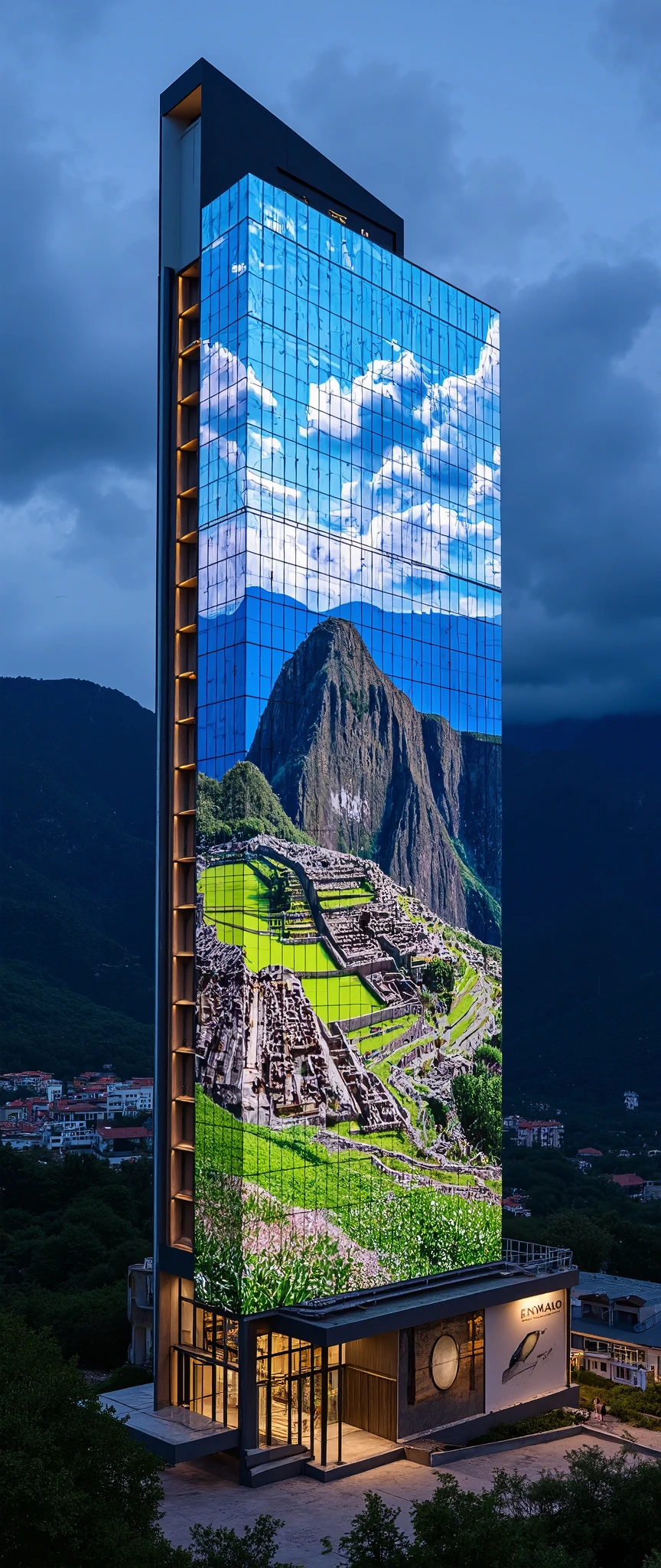 (masterpiece:1.2),(Best Quality),(Super detailed),(  Ultra High Definition),(  photorealistic),(  RAW Photos),16k, wallpaper,  close-up of a hotel building composed of multiple LED screens , Machu Picchu scenery is depicted on every LED screen ,progressive,  Installation Art,(night)