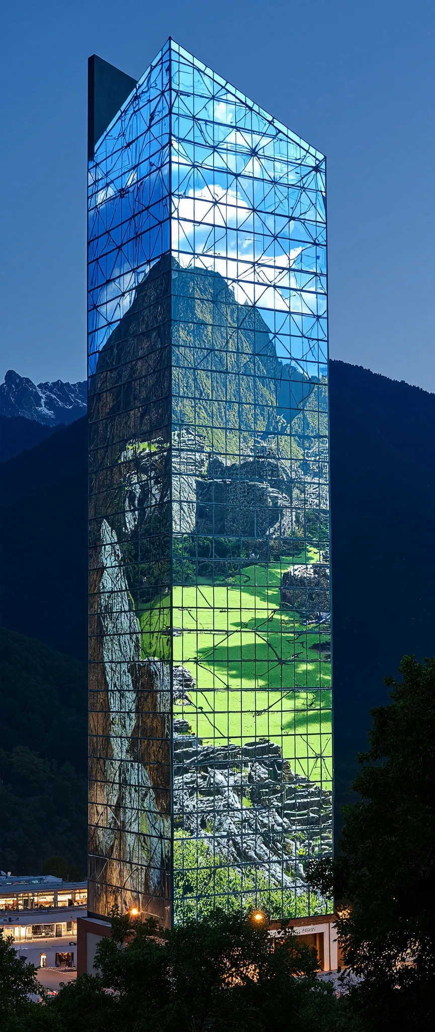 (masterpiece:1.2),(Best Quality),(Super detailed),(  Ultra High Definition),(  photorealistic),(  RAW Photos),16k, wallpaper,  close-up of a hotel building composed of multiple LED screens , Machu Picchu scenery is depicted on every LED screen ,progressive,  Installation Art,(night)