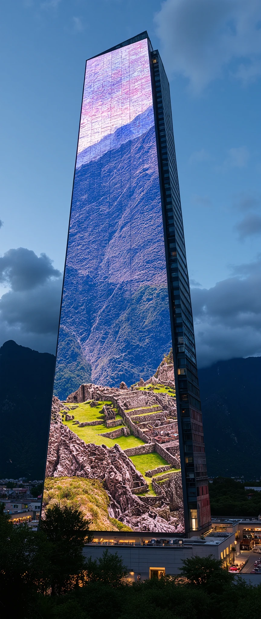 (masterpiece:1.2),(Best Quality),(Super detailed),(  Ultra High Definition),(  photorealistic),(  RAW Photos),16k, wallpaper,  close-up of a hotel building composed of multiple LED screens , Machu Picchu scenery is depicted on every LED screen ,progressive,  Installation Art,(night)