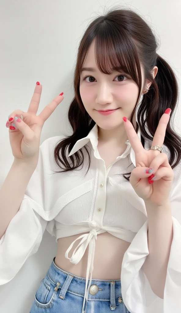  one girl playing pranks, cute girl, ( beautiful girls,  delicate girl:1.3), smile,(( open blouse :1.6)), twin tails:1.8,
break,  extremely fine grained definition , ( symmetrical eyes:1.3),
break, ( poolside :1.3), ( peace sign:1.3), ( shot from the front:1.3),  perfectly trimmed finger, chair during my trip to Spain:1.2,
break,  smaller breasts,  Brown Eyes ,  split bangs , Brown Hair,
break, (  Eye and Face Details :1.0),
break, (masterpiece, Best Quality, super detailed,   detail face  , 8k)