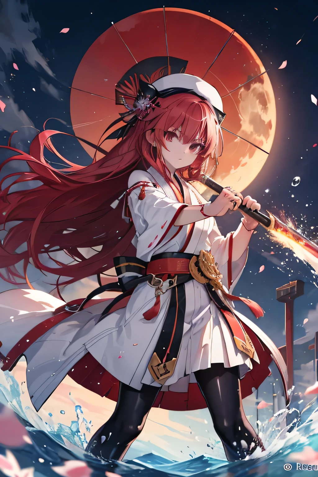  young girl brandishing a katana,  practicing , hat(white beret), Set yukata (combat), black pantyhose,  mmorpg background ,  mmorpg background (A stranger), complete anatomy, graphic effects, first person, gentle breeze, umbrella, sun, Sakura petals,  threatening look( very good ),  looking at the spectator, Crystal clear water(Splashing), aura, Fighting pose, Cosmic essence around, glow