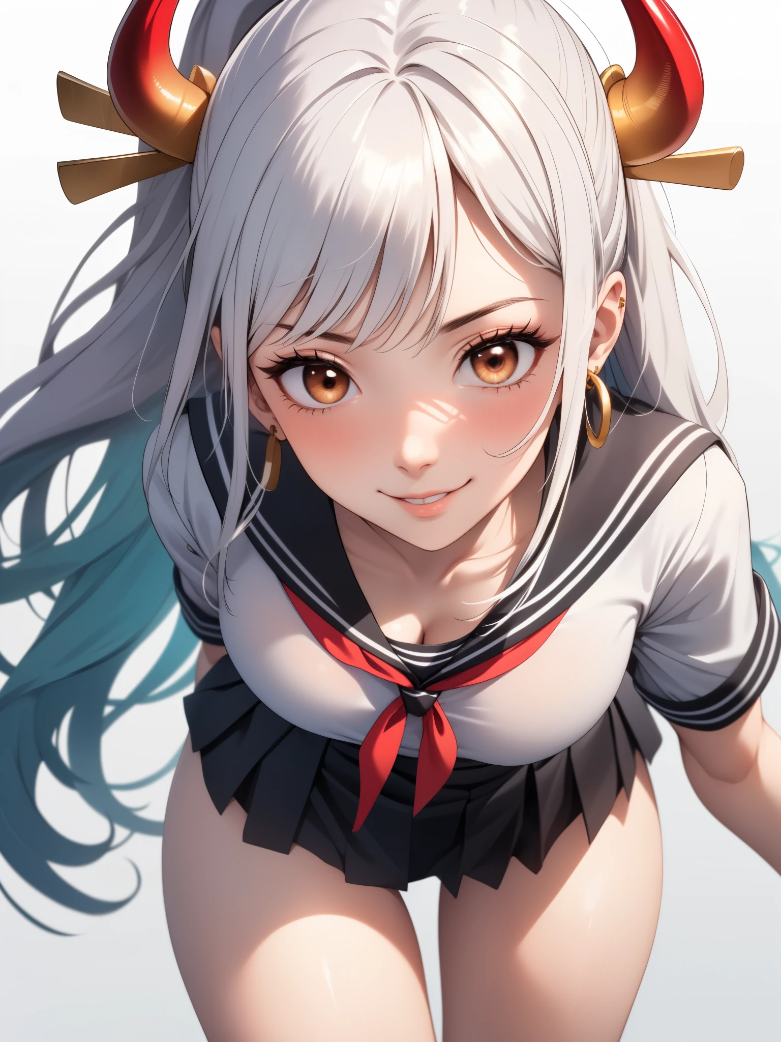 perfect anatomy, super detailed skin, (Yamato, high ponytail, parted hair, long hair, multicolored hair, hair ribbon, red horns, sidelocks, earrings, glossy lips:1.2), masterpiece、Best Quality、masterpiece, Hi-Res, 8K quality, perfect face, 1 girl, beautiful face, beautiful detailed eyes, Alone, cute face、blush, confident smile, Glossy lips, red cheek, large breasts, Tight waist 、 slender, (school uniform, black sailor suit, short skirt, and high socks), striped panties, Model Pose, dynamic angle, cowboy shot, Japanese painting Background,