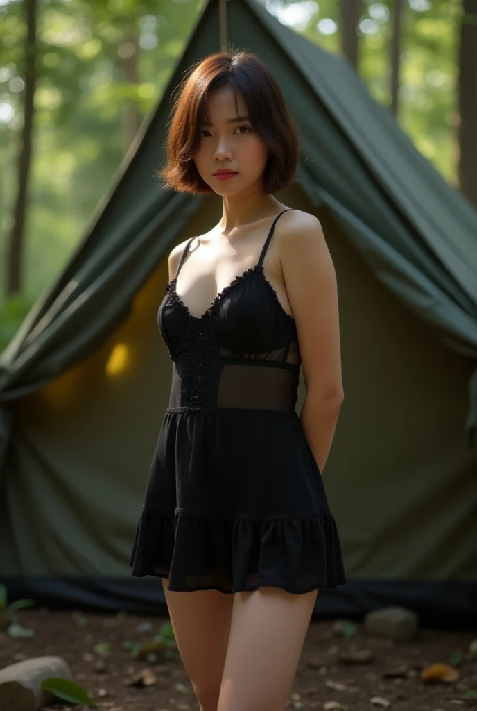 ((Best Quality, 8K)), In the Woods, Cinema Lighting, 1girl, 18 years old, Idol, Japan, Small, Black Hair, Short Hair, No Makeup, Realistic Skin, Open Mouth, Detailed Eyes, See-Through Underwear, Background Blur