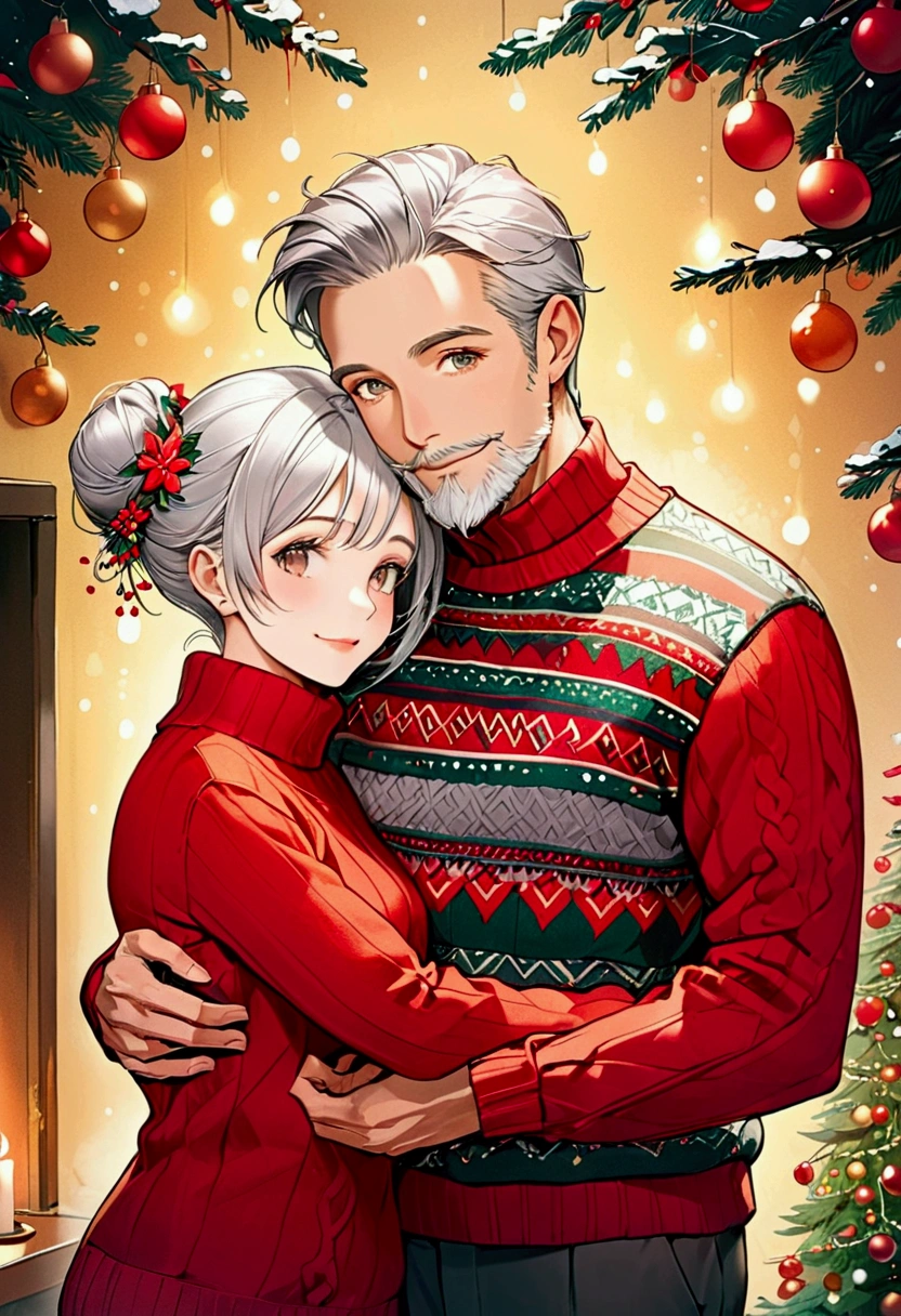 Create a cover illustration for a glossy magazine for the New Year's issue. The image shows an elderly couple: a man and a woman, approximately 60-65 years old, lively and energetic, both in festive, cozy looks. The woman has soft gray hair, gathered in a neat bun, in a warm elegant sweater decorated with a winter pattern, and with light makeup, with a soft and friendly smile. The man has silver hair and a neat beard, in a comfortable knitted sweater of a dark shade. He holds her by the shoulders, with a slightly mischievous, but kind smile.

The background is a warm living room in a country house, decorated for the holidays. Behind the couple is a large New Year's tree, decorated with gold and red balls and garlands. In the distance, a fireplace is visible, decorated with fir branches and candles, creating a cozy, festive mood. In the foreground, there is soft light, warm tones and highlights that highlight the festive lighting.

The image of the couple should radiate warmth, confidence and a little nostalgia, as if they are happy to be in this moment and celebrate together. Their looks are calm, full of joy, like those who have lived a long life and found harmony in it.