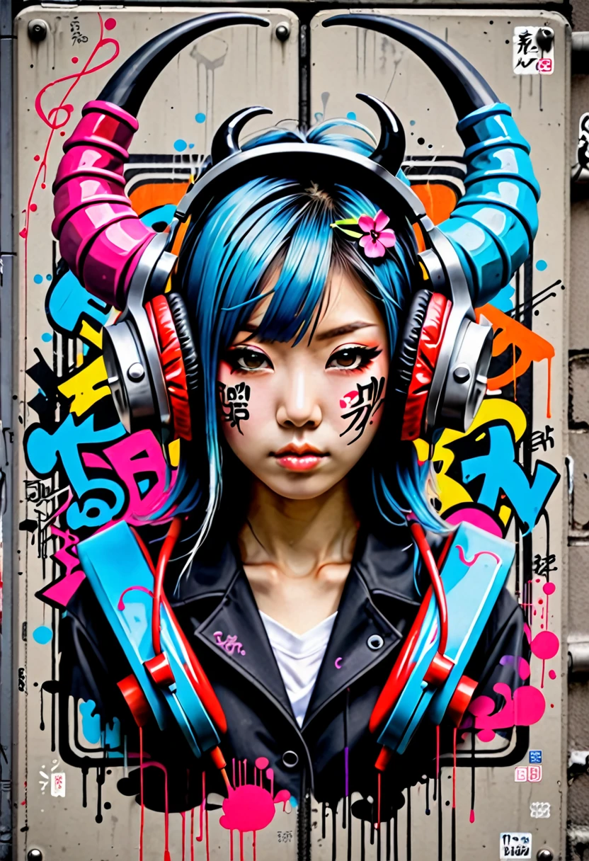 headphones with modern style, Japanese, they, Horns, graffiti