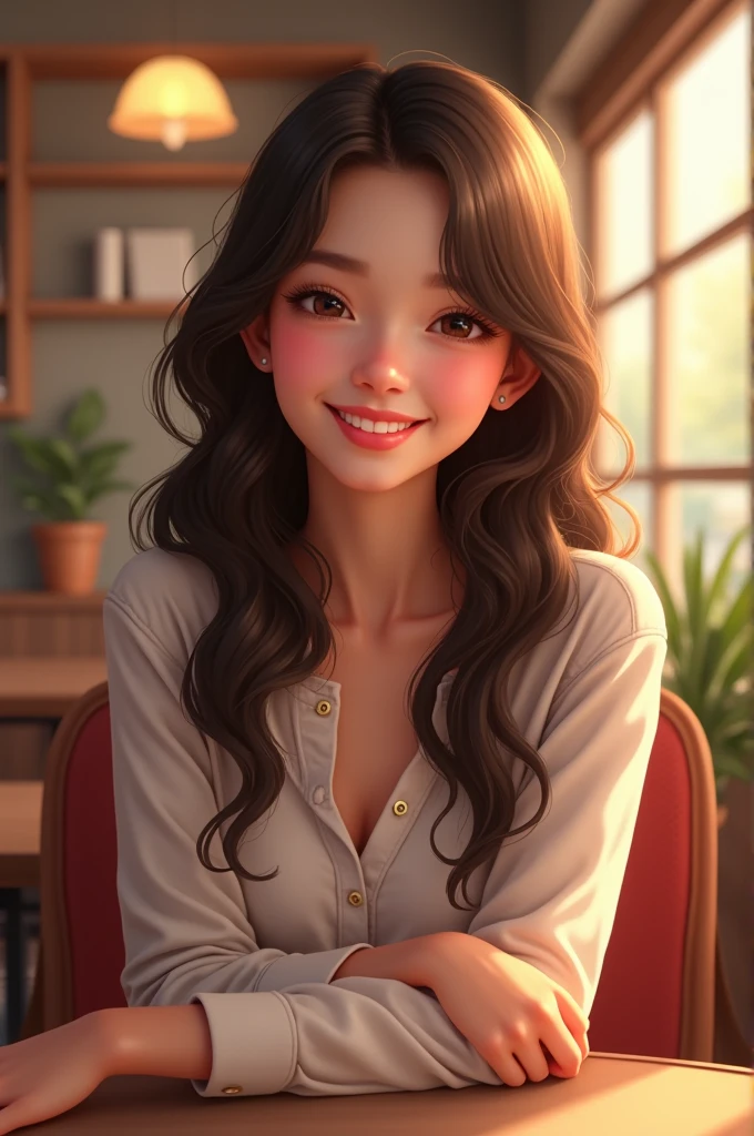 araffe woman in red and white pajamas sitting on a couch, pokimane, she is smiling and excited, violet myers, she is smiling, 2 4 year old female model, she is smiling and happy, she has perfect white teeths, she has a cute expressive face, she expressing joy, she has a cute face, long hair and red shirt