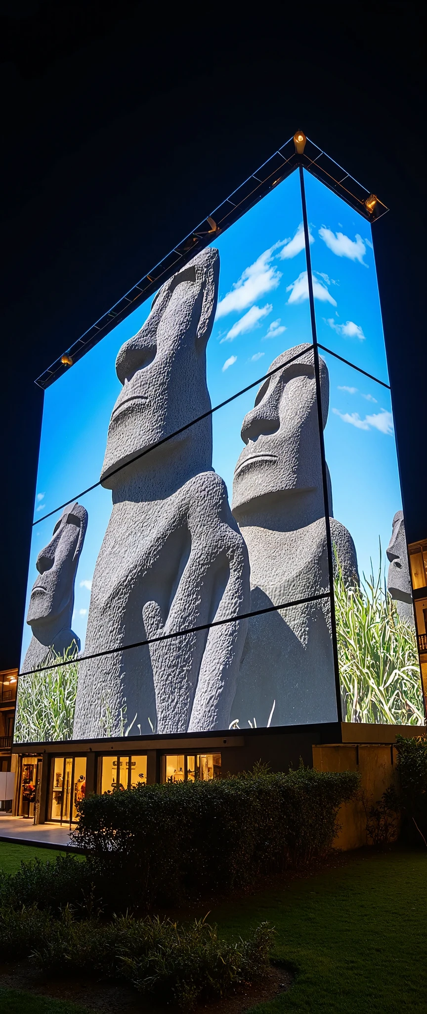 (masterpiece:1.2),(Best Quality),(Super detailed),(  Ultra High Definition),(  photorealistic),(  RAW Photos),16k, wallpaper,  close-up of a hotel building composed of multiple LED screens , Easter Island's Moai statues are depicted on all LED screens ,progressive,  Installation Art,(night)