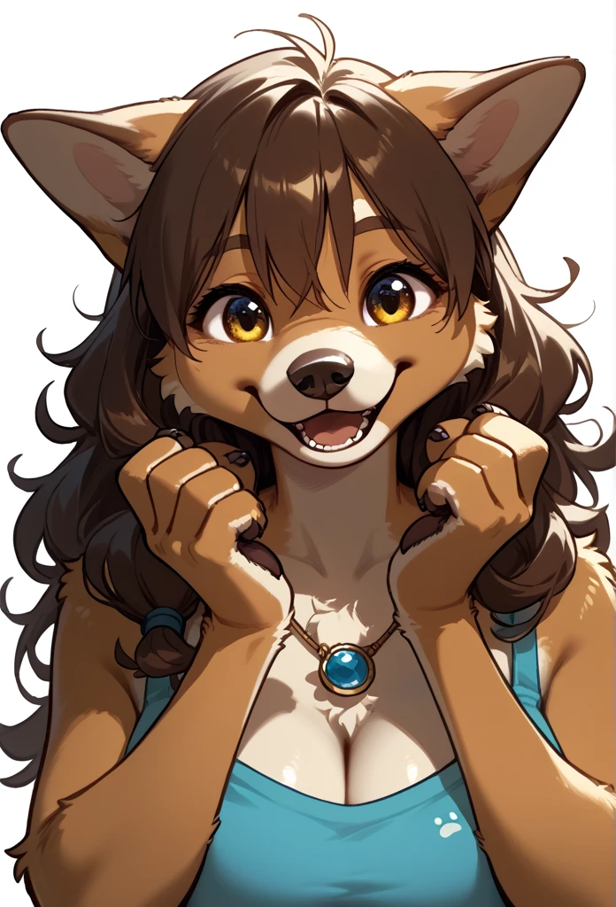 (solo) female anthro aussie furry, brown hair, fluffy hair, long hair, anime bangs, bangs, dog furry, big breasts, attractive, fuzzy tights, fuzzy fur, slightly thick, pretty eyes, (happy expression), she is facing the viewer , cute background, simple background, (front view) dog snout, animal snout, dog nose, aussie, Simple background, Masterpiece, jewelry, Best Quality, paws, 1girl, High Resolution, paws cute, malamute, dog furry