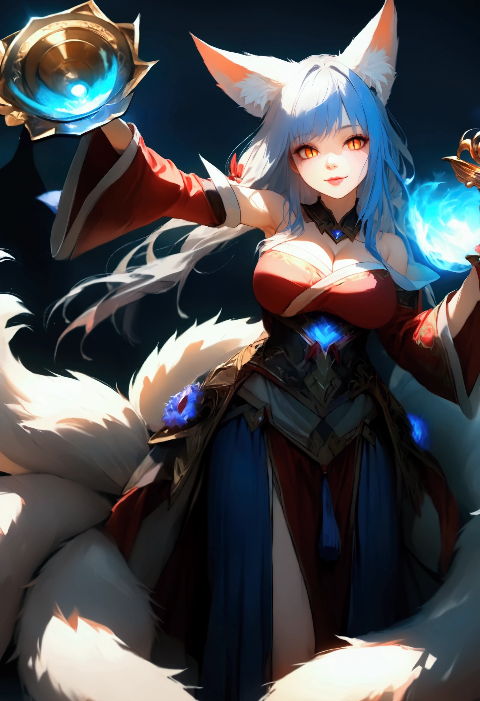 1girl\( (ahrixl:1.3), fox tail, tail, bare shoulders, detached sleeves, (red korean clothes:1.2), (multiple tails), lips, slit pupils, fox ears, beautiful smile, cleavage, holding shiny golden trophy,dynamic pose\). BREAK .background\((at arena:1.3) for game\(league of legends\) competition\(EVO\(Evolution Championship Series\)\). blue neon, purple neon, gaming lighting . many audiences\),dynamic angle. BREAK .quality\(8k,wallpaper of extremely detailed CG unit, high resolution, top-quality, top-quality real texture skin, hyper realistic, increase the resolution, RAW photos, best quality, highly detailed, the wallpaper,golden ratio,high saturation realism, vibrant colors, dramatic lighting, persuasive storytelling, atmospheric scenery, captivating visuals, intricate details, strong emotions,dreamlike world\)