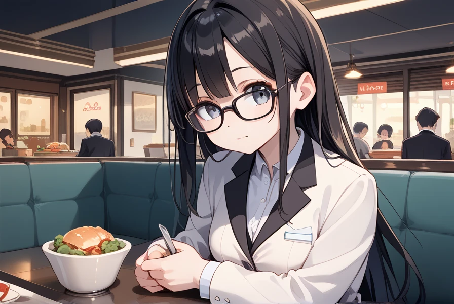  1 girl,Black Hair,  long hair,Glasses,suit,Dining at a restaurant