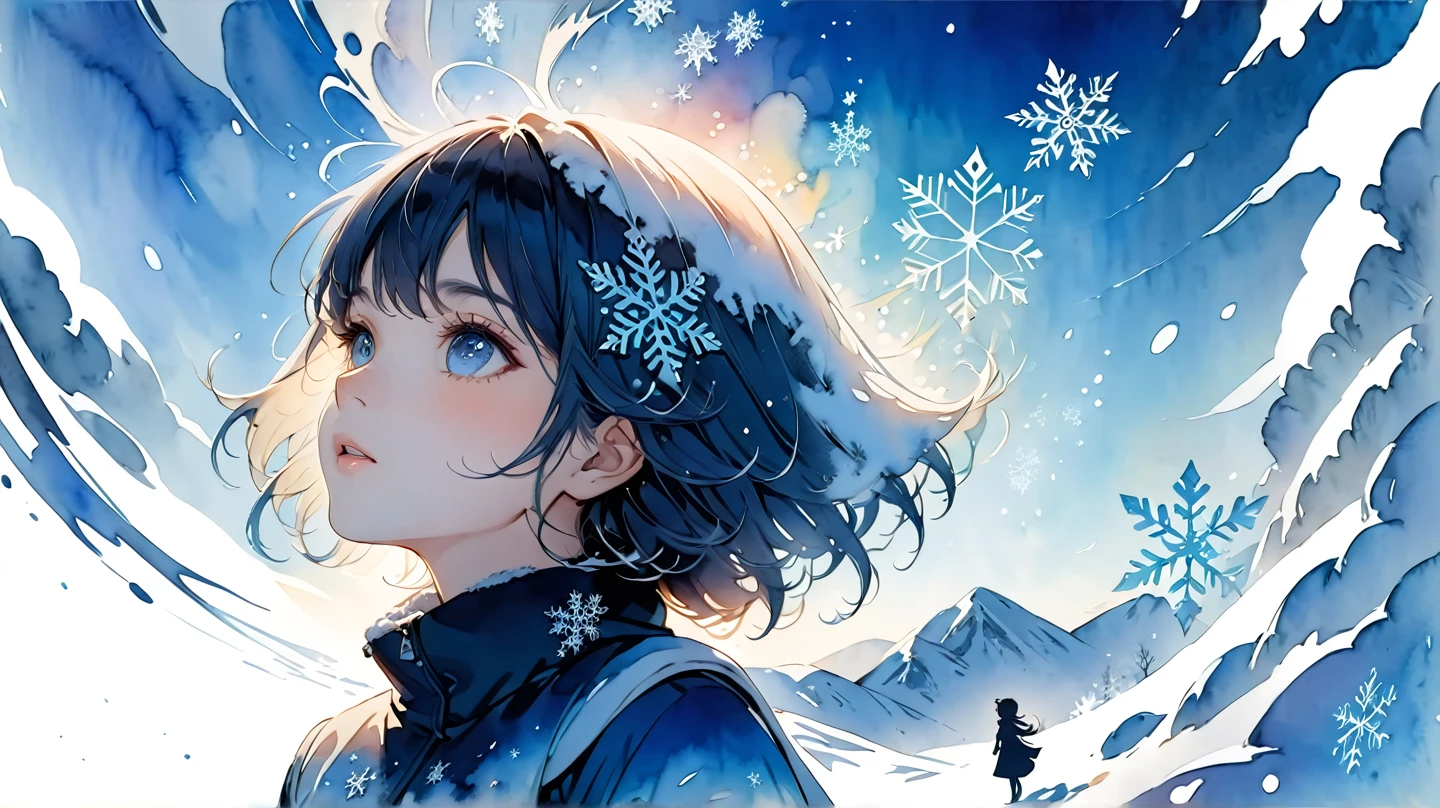 Masterpiece, highest quality, highest resolution, detailed depiction, beautiful, watercolor, silhouette of a Nordic cute girl filled with snow,snowflake, double exposure, crisp lines, Looking up at the sky, ((blue and white background)), 4K graphics.