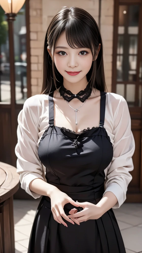 （Best quality 1.5）（ reality image quality、Hyper-realistic 1 .5）（super HD1.5）（8k，Raw quality）（Beautiful depiction、Delicate Description 1 .5）（One beautiful woman）（ cute smile）（ gothic ****ta2.1）Inside a stylish cafe、Hold out coffee with both hands、Tilt your head slightly