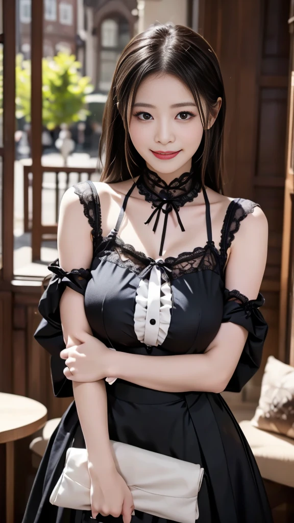 （Best quality 1.5）（ reality image quality、Hyper-realistic 1 .5）（super HD1.5）（8k，Raw quality）（Beautiful depiction、Delicate Description 1 .5）（One beautiful woman）（ cute smile）（ gothic ****ta2.1）Inside a stylish cafe、Hold out coffee with both hands、Tilt your head slightly