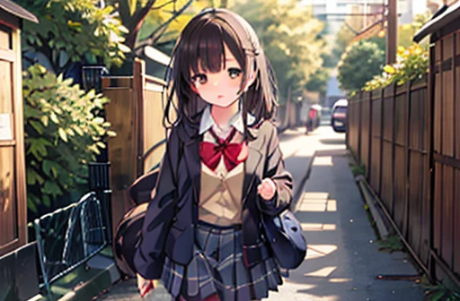 Ogiwara-san is sad,  1 girl, Alone,  school uniform,  long sleeve , Skirt Grey, , ( absurd), ( Hi-Res),  watching viewers, Walk in the park, ( highly detailed CG unity 8K wallpaper ,masterpiece, Best Quality, Super detailed), nude, big chest、 long black hair 、