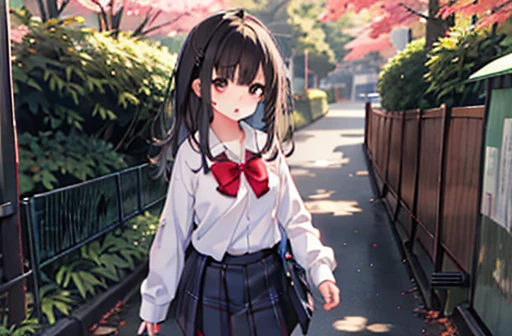 Ogiwara-san is sad,  1 girl, Alone,  school uniform,  long sleeve , Skirt Grey, , ( absurd), ( Hi-Res),  watching viewers, Walk in the park, ( highly detailed CG unity 8K wallpaper ,masterpiece, Best Quality, Super detailed), nude, big chest、 long black hair 、