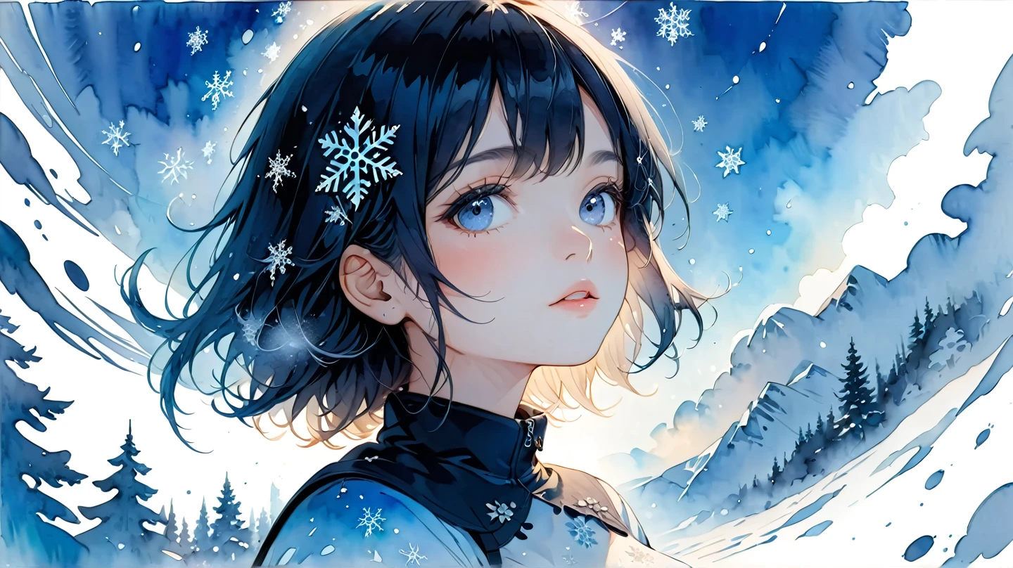 Masterpiece, highest quality, highest resolution, detailed depiction, beautiful, watercolor, silhouette of a Nordic cute girl filled with snow,snowflake, double exposure, crisp lines, Looking up at the sky, ((blue and white background)), 4K graphics.