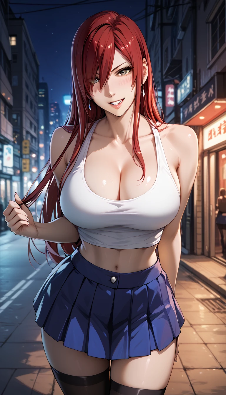 ken-1, Erza, red hair, crop top, tank top, collarbone, anime style, 1girl, bare shoulders, midriff, cleavage, hair over one eye, large breasts, skirt, mini skirt, parted skirt, long hair,animerza, looking at viewer, grin, brown eyes ,masterpiece, best quality, street night city, big breasts, cleavage, seductive smile,blush, standing, armpit, Buttock line, Black stockings 
