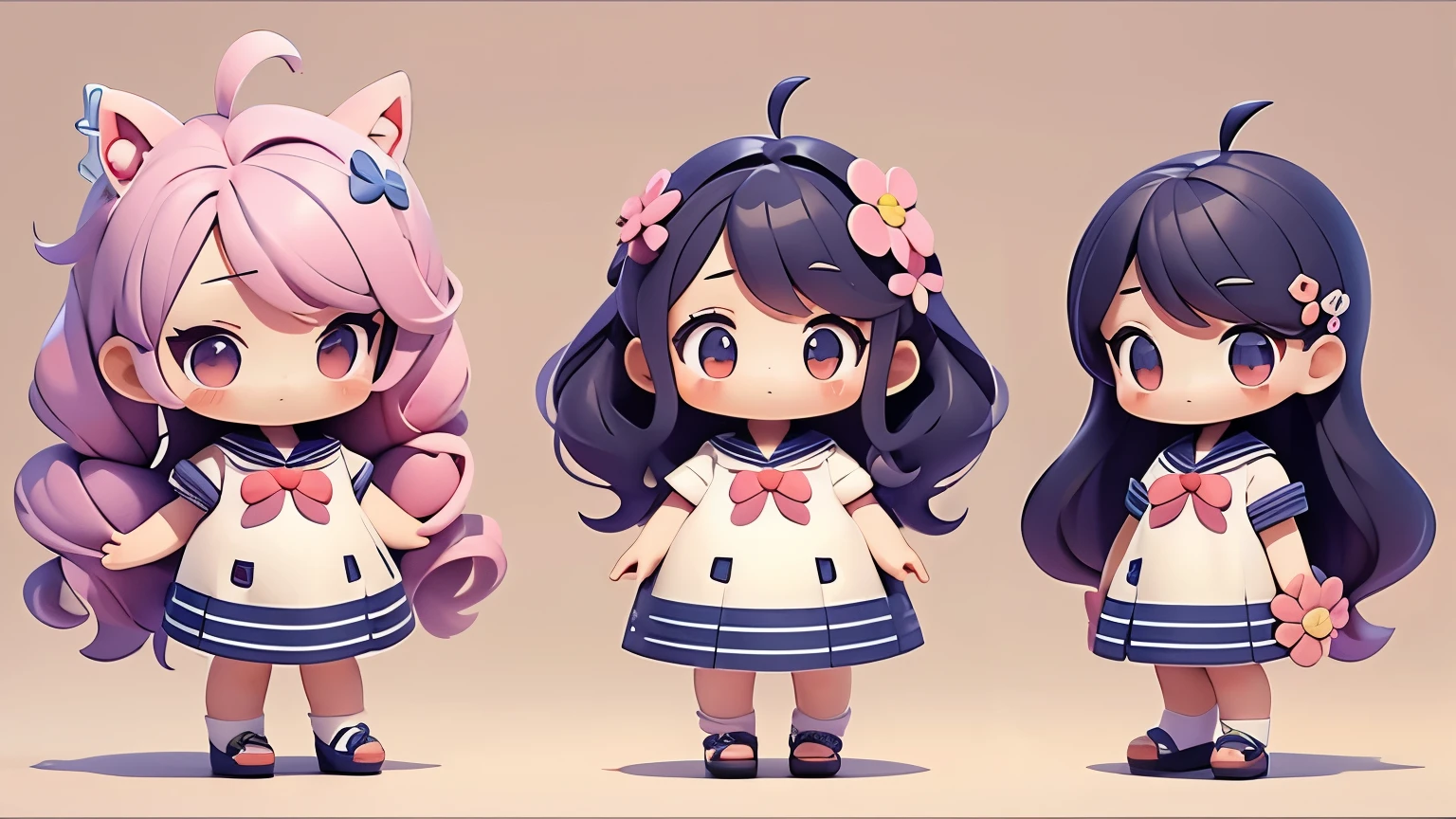 Generate three views, Including front view left view and rear view, ca student,kawaii,hair_flower,Sailor dress, No twisting of the head, Standing vertically, Simple background,artbook