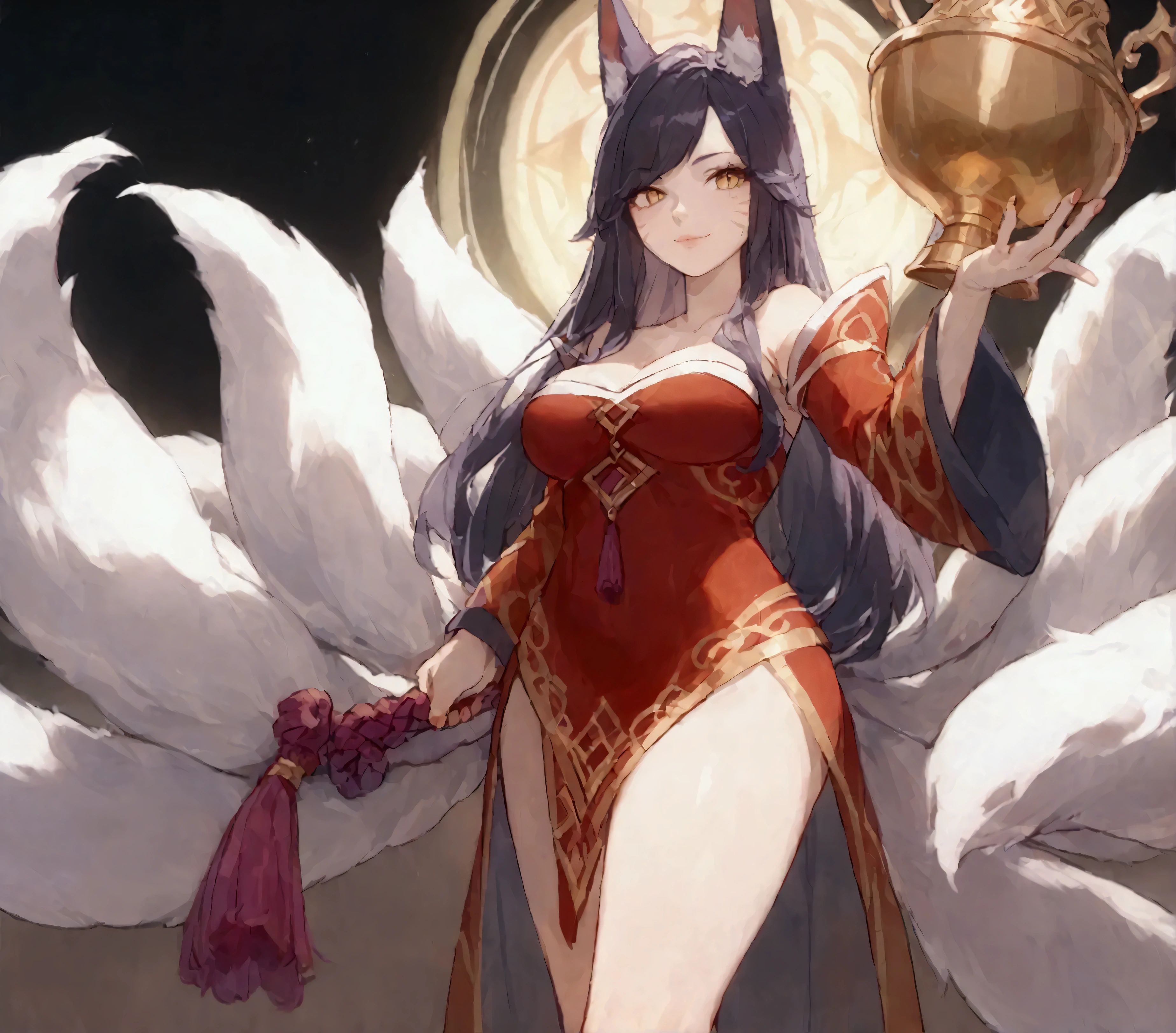 
1girl\( (ahrixl:1.3), fox tail, tail, bare shoulders, detached sleeves, (korean clothes), (multiple tails), lips, slit pupils, fox ears, looking at viewer,evil smile open cleavage, (holding shiny golden trophy),dynamic pose\) .background\((arena:1.3), for game\(league of legends\) competition\(EVO\(Evolution Championship Series\)\). blue neon, purple neon, gaming lighting . many audiences\). .score_9, score_8_up, score_7_up, score_6_up, score_5_up, score_4_up, source_anime,source_furry,rating_safe,rating_questionable,masterpiece, best quality, perfect anatomy , very aesthetic , absurdres, dynamic angle