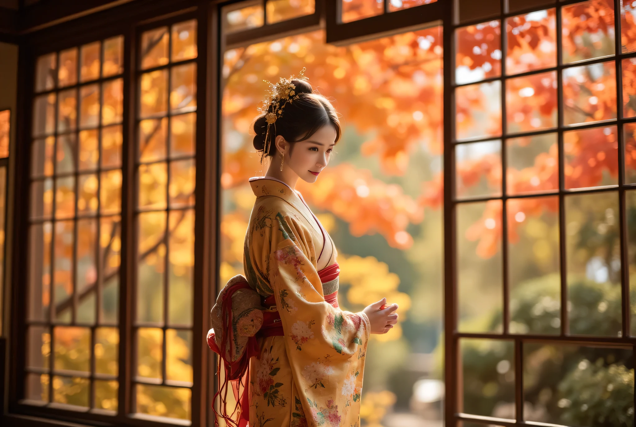 A serene autumn scene featuring an East Asian woman standing in a traditional Japanese room, dressed in a spectacular kimono. The room is surrounded by large glass windows that open onto a breathtaking display of vibrant autumn foliage. The leaves outside are a brilliant cascade of red, orange, and yellow, each color more vivid than the last, casting a warm, fiery glow into the room. The contrast between the dark wooden frames and the colorful tapestry of leaves creates a stunning visual, with sunlight filtering through the branches, illuminating the delicate textures and reflections on the polished floor.

The woman stands near the window, her figure bathed in the soft, diffused light of the autumn afternoon. Her kimono is a masterpiece of traditional craftsmanship, with intricate embroidery that captures the essence of fall. The fabric is golden, shimmering like the sunlit leaves outside, with elegant patterns of chrysanthemums, maple leaves, and cranes woven into the silk in deep shades of scarlet, emerald, and white. The delicate designs seem to shift with her slightest movement, like leaves caught in a gentle breeze. Her obi, the wide sash wrapped around her waist, is tied meticulously, with elaborate cord decorations in crimson and deep blue, adorned with golden accents that catch the light and draw the eye.

Her hair is styled in a classic updo, with several strands left loose to frame her face softly. It is adorned with an array of golden hairpins and floral kanzashi ornaments, crafted to resemble chrysanthemums and autumn leaves. Some pins have tassels that sway slightly as she moves, shimmering in the light and adding a playful, delicate elegance. Her expression is gentle, her lips curved into a soft smile, and her eyes reflect a sense of peace and connection to the beautiful scenery around her. The natural light streaming through the glass panels highlights her features, casting a warm glow across her cheeks, giving her an almost ethereal appearance.

Beh