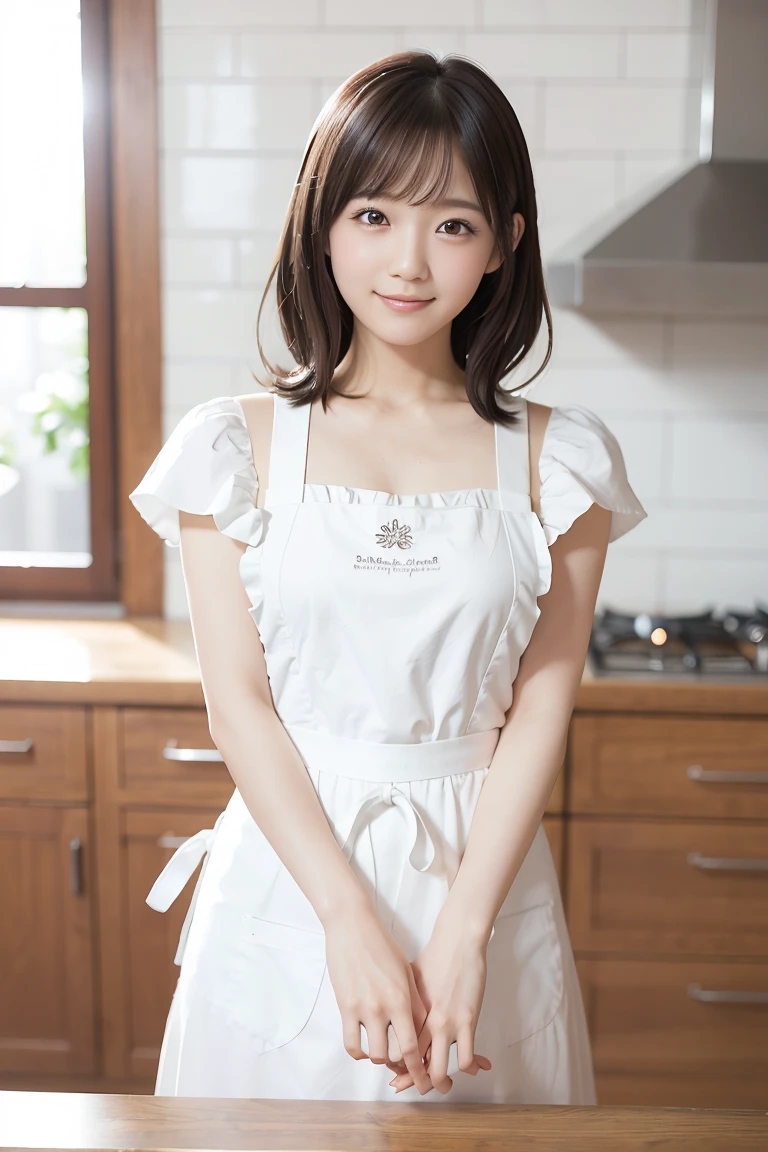 ​masterpiece、one beautiful women、A detailed face、A detailed eye、Detailed skin、top-quality、japanes、Illuminated from the front with bright lighting、profetional lighting、Always face straight ahead、The background is a little blurry、20yr old、Wearing a white blouse、a smile、The double teeth are cute.、Elegant kitchen、Hairstyle is Twintails、Wearing an apron、