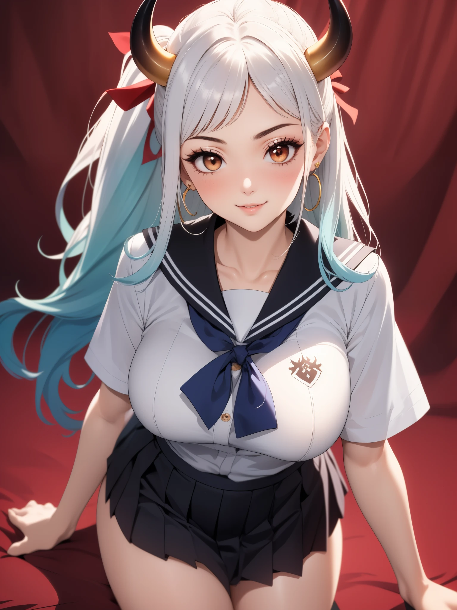 perfect anatomy, super detailed skin, (Yamato, high ponytail, parted hair, long hair, multicolored hair, hair ribbon, red horns, sidelocks, earrings, glossy lips:1.2), masterpiece、Best Quality、masterpiece,  Hi-Res, 8K quality,  perfect face, 1 girl, beautiful face, beautiful detailed eyes, Alone,  cute face、blush, confident smile, Glossy lips, red cheek, large breasts,  Tight waist 、 slender, (school uniform, black sailor suit, short skirt, and high socks), striped panties, Model Pose, dynamic angle, cowboy shot, Japanese painting Background,