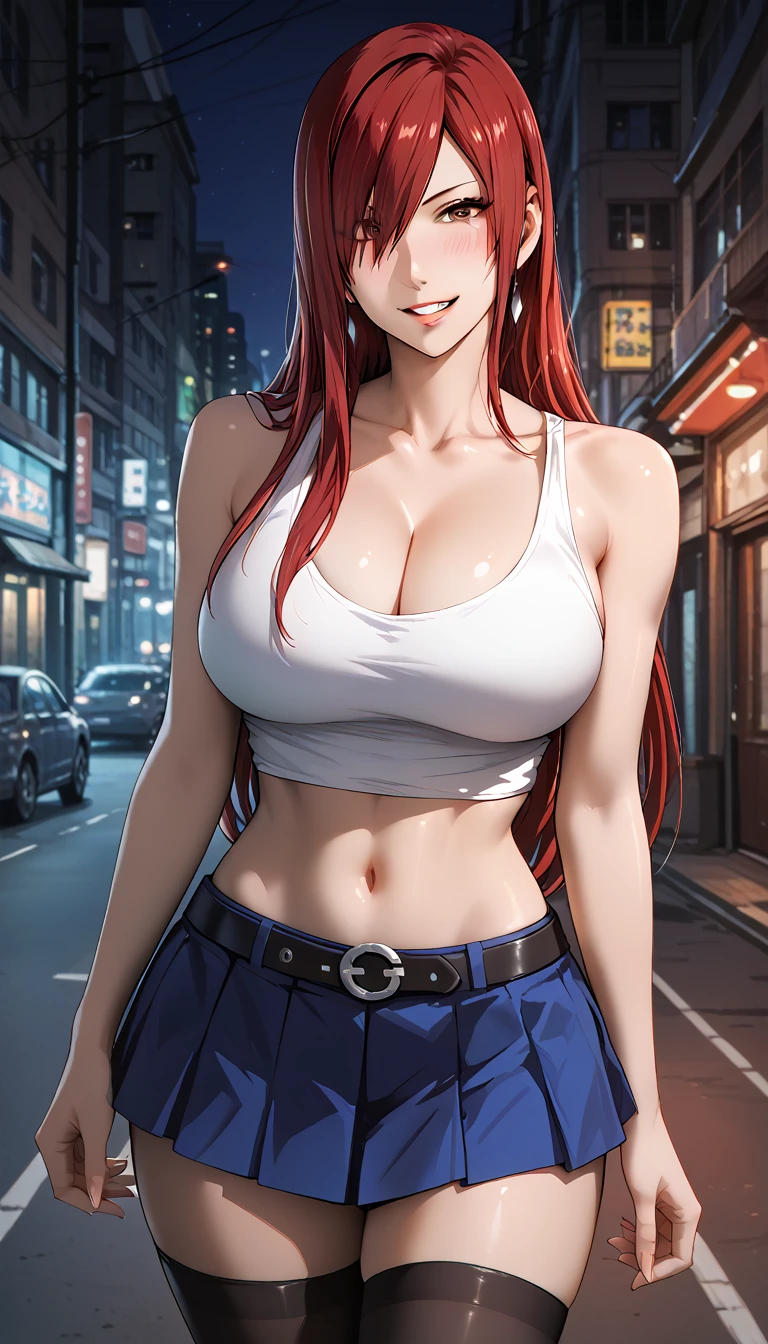 absurdres, High resolution, Super detailed, (mature woman1名:1.2),ken-1, Erza, red hair, crop top, tank top, collarbone, anime style, 1girl, bare shoulders, midriff, cleavage, hair over one eye, large breasts, skirt, mini skirt, parted skirt, long hair,animerza, looking at viewer, grin, brown eyes ,masterpiece, best quality, street night city, big breasts, cleavage, seductive smile,blush, standing, armpit, Buttock line, Black stockings 
