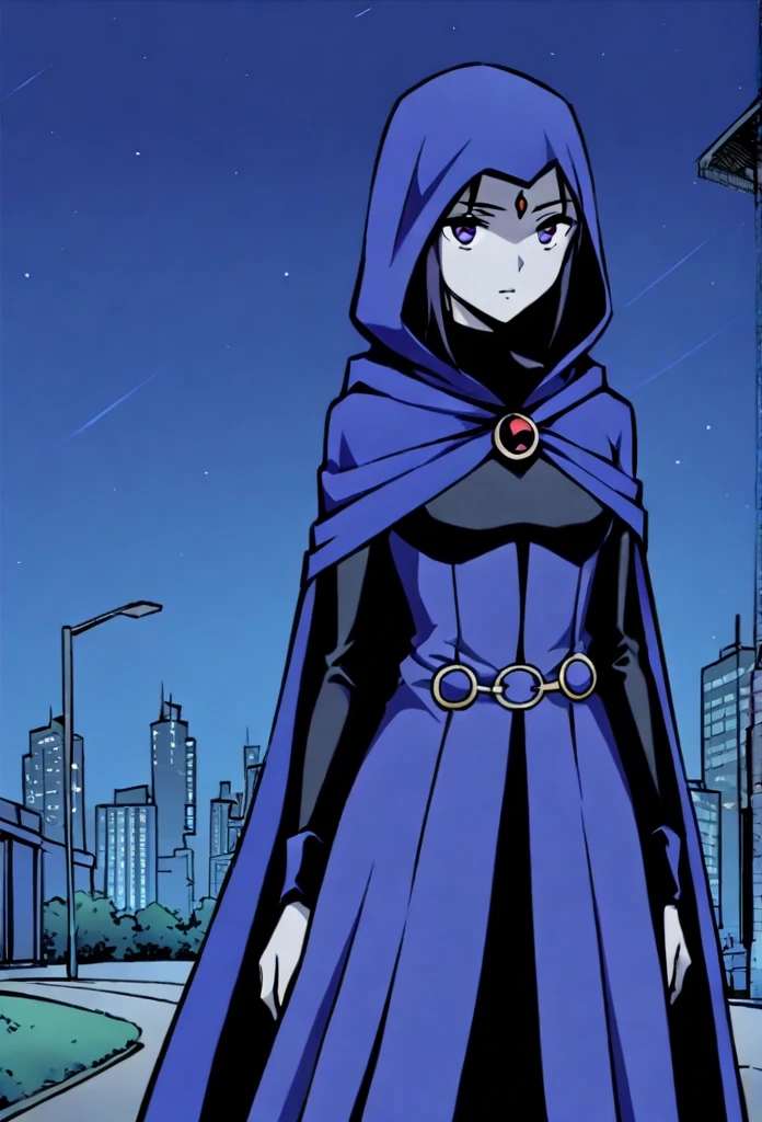 1girl, solo, raven (dc), purple eyes,  grey skin, forehead jewel, blue cape covering whole body, long blue cape, standing, night, city, park, hood covered head