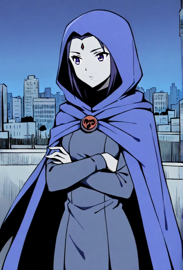 1girl, solo, raven (dc), purple eyes,  grey skin, forehead jewel, blue cape covering whole body, long blue cape, standing, night, city, park, hood covered head