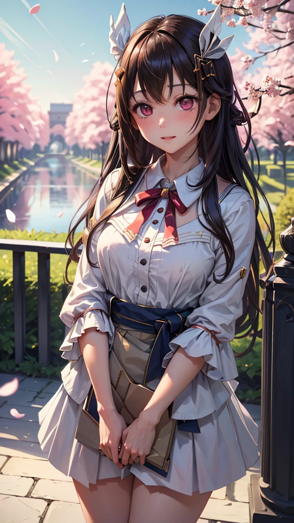 (:1.5),Lace,ribbon,(masterpiece, Side Light, 精致beauty的灰色眼睛: 1.2), Medium chest,  actual ,  sparkling eyes,Shiny Hair, dark hair , long hair ,  smooth skin,  alone, Awkward, Strapless,Beautiful,beauty,garden,Flowers, Flying Petals,  bare legs, Cherry blossoms,  movie lights from the waist,  Cinematic Composition , Rich expression