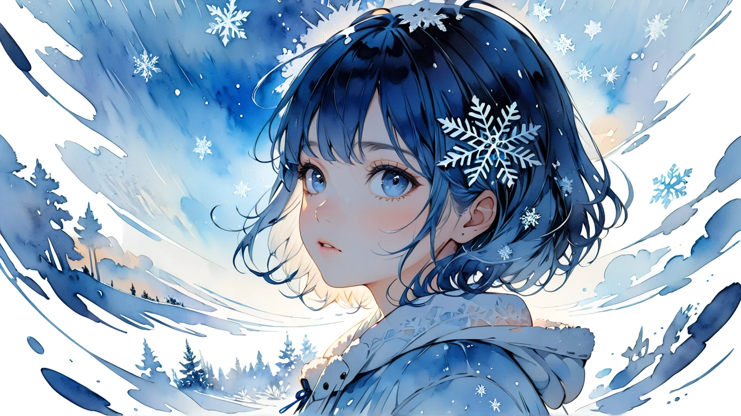 Masterpiece, highest quality, highest resolution, detailed depiction, beautiful, watercolor, silhouette of a Nordic cute girl filled with snow,snowflake, double exposure, crisp lines, Looking up at the sky, ((blue and white background)), 4K graphics.