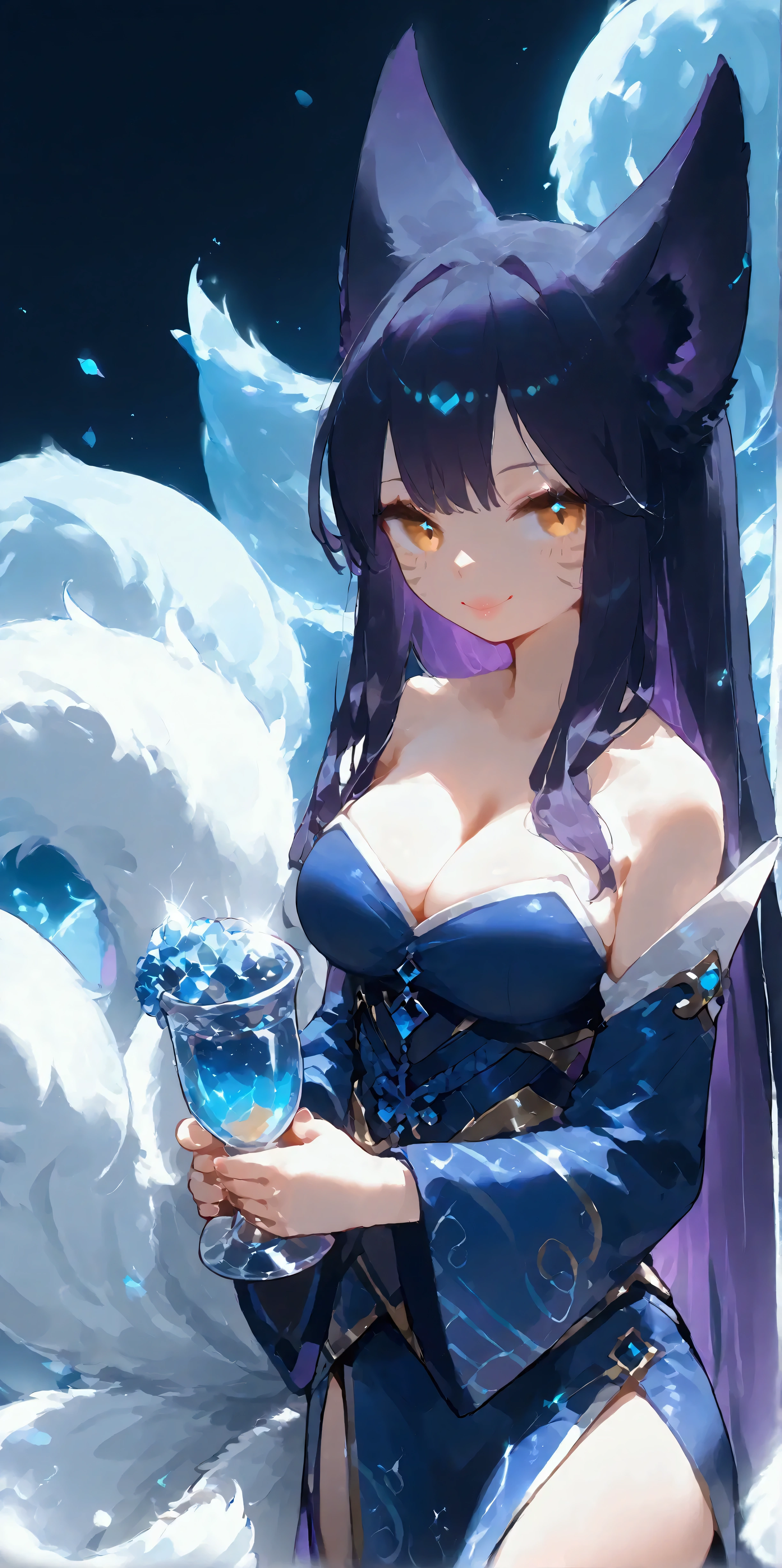 1girl\( (ahrixl:1.3), fox tail, tail, bare shoulders, detached sleeves, (korean clothes), (multiple tails), lips, slit pupils, fox ears, looking at viewer,evil smile open cleavage, (holding shiny golden trophy)\) .background\((arena:1.3), for game\(league of legends\) competition\(EVO\(Evolution Championship Series\)\). blue neon, purple neon, gaming lighting . many audiences\). .score_9, score_8_up, score_7_up, score_6_up, score_5_up, score_4_up, source_anime,source_furry,rating_safe,rating_questionable,masterpiece, best quality, perfect anatomy , very aesthetic , absurdres,