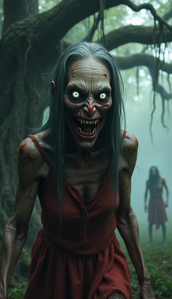 (horror) (damsel in distress) a pack of ravenous goblins with big eyes,small bodies,huge cannibal mouths (lots of jagged sharp teeth), chasing a scared human woman with big breasts,big butt,anglo features,tramp stamp tattoo,barefoot, battered and bloody, in a dark forest at night,(best quality,4k,8k,highres,masterpiece:1.2),ultra-detailed,(realistic,photorealistic,photo-realistic:1.37),dark fantasy,horror,surreal,chiaroscuro lighting,moody atmosphere,dramatic lighting (show all of her head to toe)