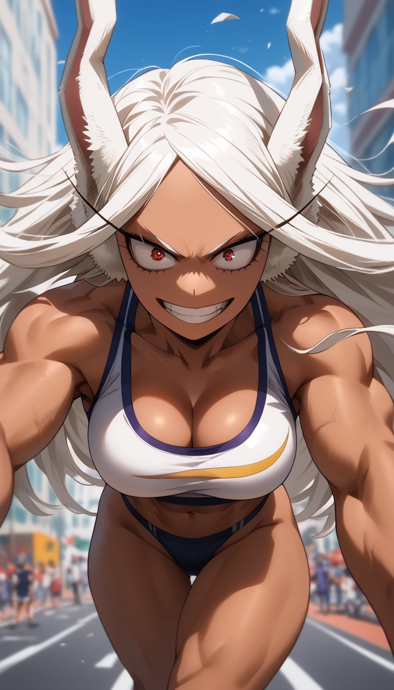 1girl, rumi usagiyama, My Hero Academia, (best quality), ((masterpiece)), (highres), 16K, animal ears, rabbit girl, dark skin, rabbit ears, red eyes, perfect face, long hair, white hair, parted bangs, wearing sports bra, wearing black panties, busty body, large breasts and a beautiful ass, showcasing cleavage, legs, hips, looking at viewer, smile, detailed whole body, city background