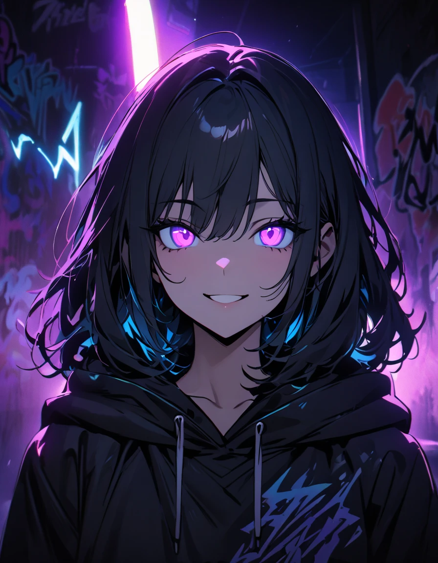 masterpiece, Best Quality, 8k, detailed background , masterpiece, Best Quality, smile,  t I ,  HOODIE, Portraiture, Neon Blue, graffiti, dark, night, Shining Eyes,  Black Light, Lightning General