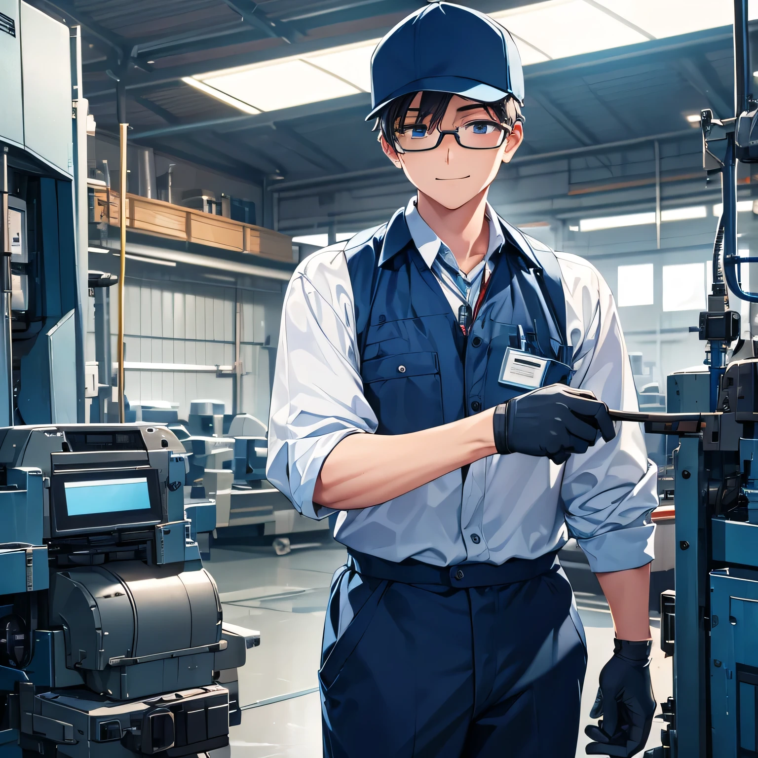 One person, facing left, looking into distance, high quality, inside factory, half of body on screen, handsome animated male worker, work clothes, work pants, dark blue hat, gloves, protective glasses, sweaty all over, employee ID around neck.smile