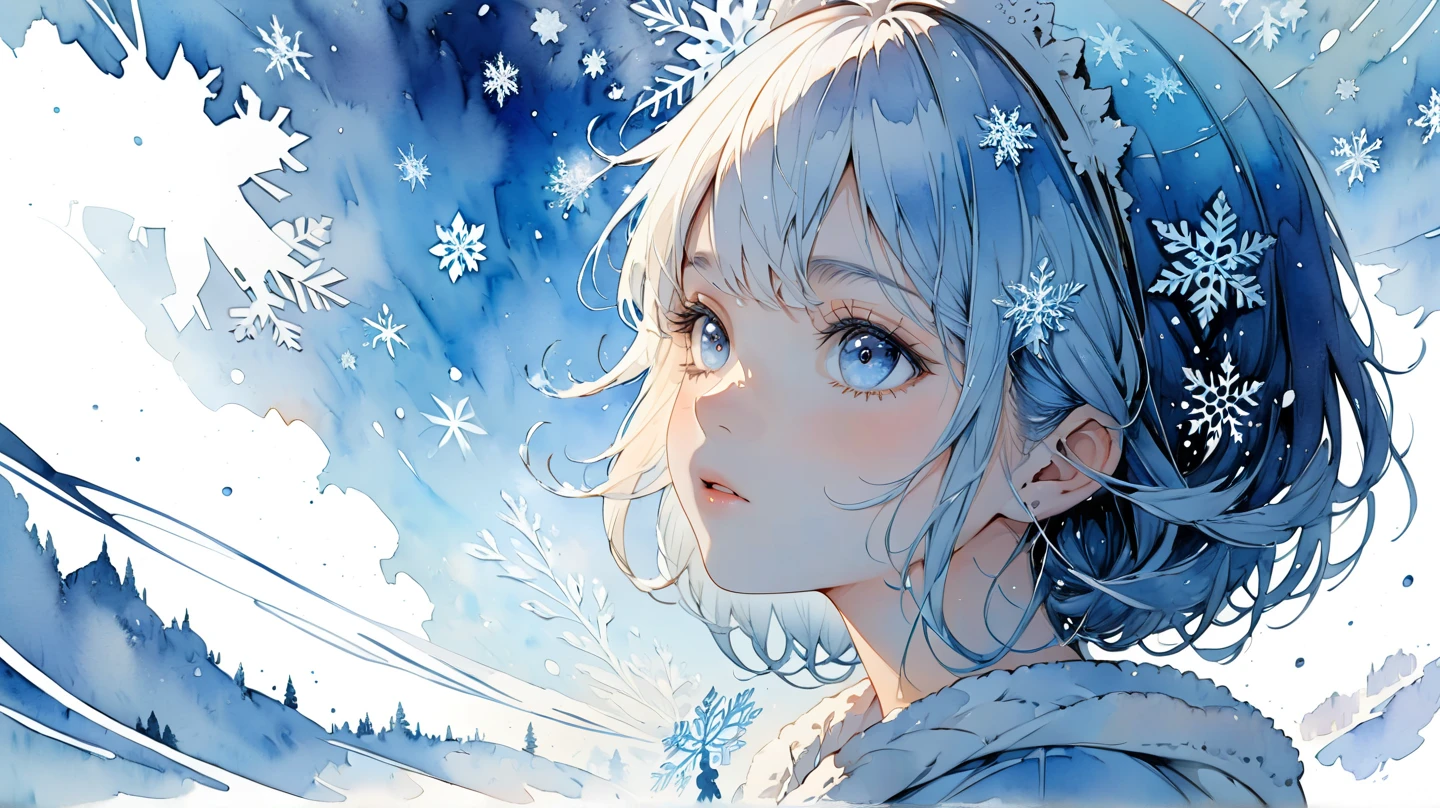 Masterpiece, highest quality, highest resolution, detailed depiction, beautiful, watercolor, silhouette of a Nordic cute girl filled with snow,snowflake, double exposure, crisp lines, Looking up at the sky, ((blue and white background)), 4K graphics.