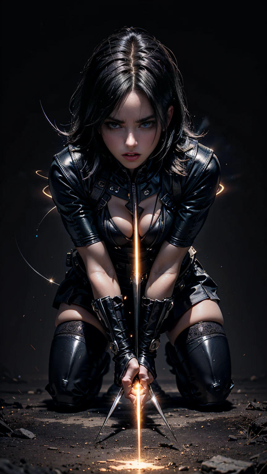 A girl x23 , pale skin,  crouched in a berseker pose , furious, (( X-23 wolverine )), ((( Adjusted latex averages  ))), ((( has adamantium claws ))),  penetrating look ,  she is hitting the ground , ((fit)), ((Cuerpo fit)), (( black clothes with latex yellow )), ((Light comes from above ) ), (( Lighting comes from above )),  seen from above , ((Beautiful shape )), ((dark black hair)), (( Best quality )), ( ( masterpiece ) ), (altamente detallado:1.3), (darkpunk:1.3) ((  very short skirt )) ((Perfect)) ((vista)), real life, HDR-10 (High Dymanic Range),  ray tracing , NVIDIA RTX, super resolution, PBR textures, Post-processing, Anisotropic filtering, profundidad de campo, High sharpness and clarity, Multilayer textures,  Albedo and specular mapping , Surface shading,  Precise simulation of light interactions with materials,  perfect proportions, Octane rendering,  duotone lighting  , Low ISO, white balance,  rule of thirds , wide aperture, 8K RAW,  high-efficiency subpixels ,  subpixel convolution , glow particles, x-23, X-Men, close up, Face close up,  close, focus on the face
