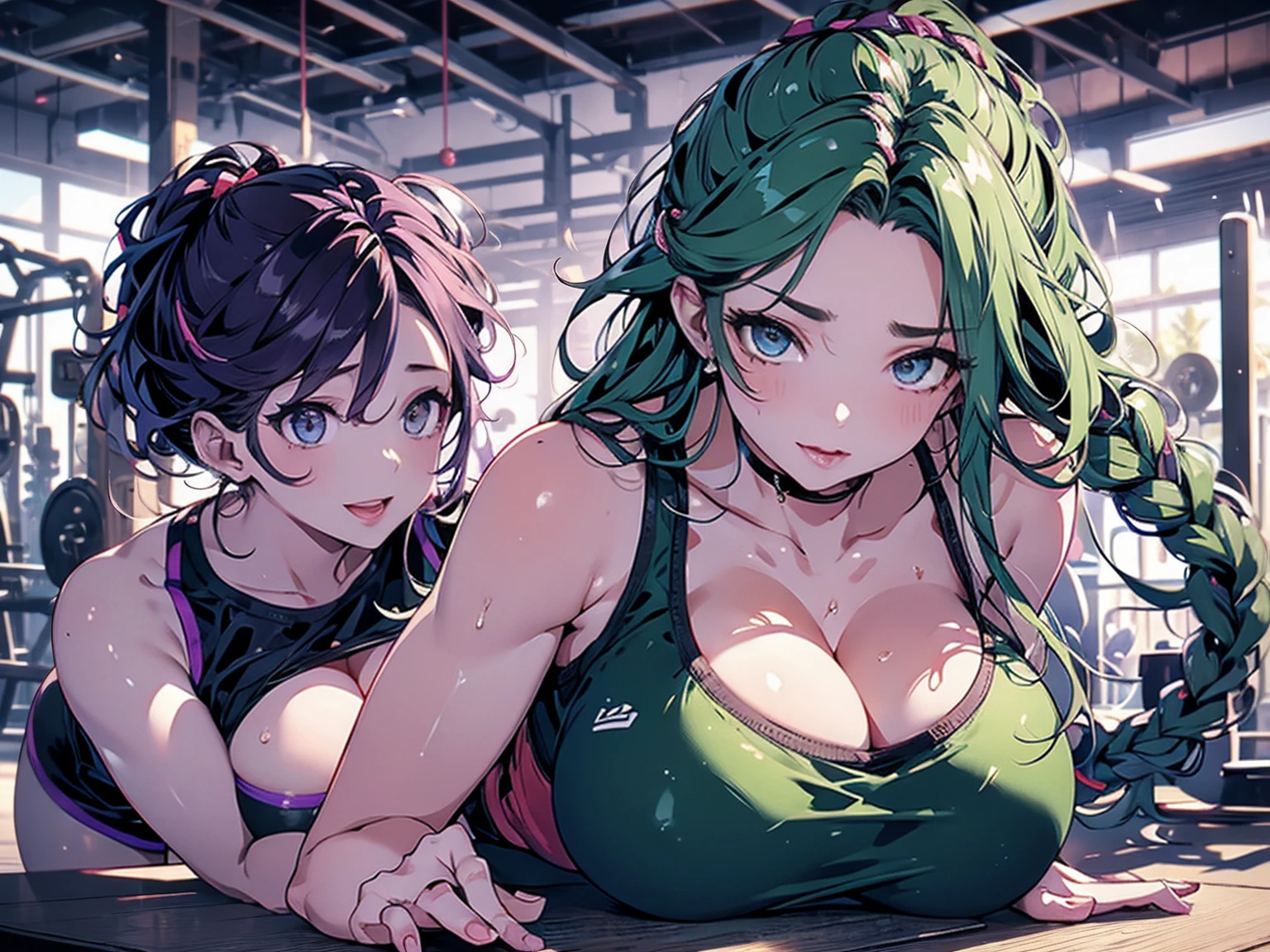 Super detailed,(masterpiece)、(Best Quality)、 1.  preserves a highly detailed face, braid ponytail,,  dark green hair,  very huge breasts,Very large droopy eyes ,  purple  ,Gym in the morning,8k, young woman  , Running,Tired,Gym Wear,overView