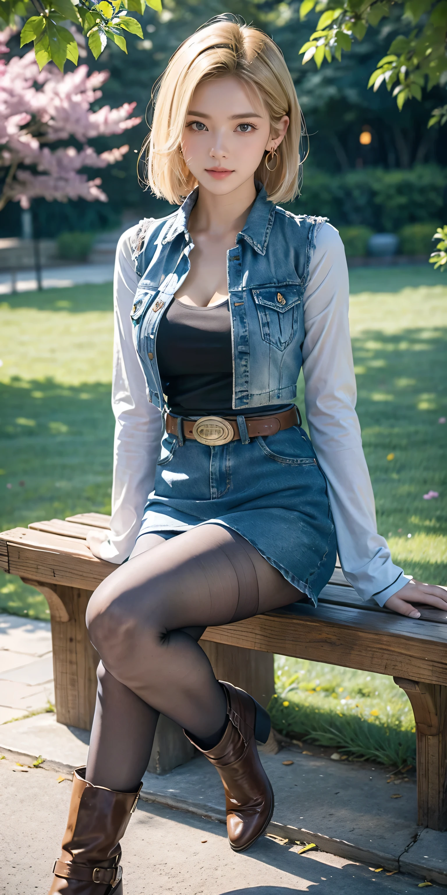 Android 18, Light Blonde hair, Medium Bob hair, Blue eyes, Wearing earrings, Long sleeves, Light blue denim mini skirt, The denim skirt on stitching clearly run vertically in a white dotted line all the way to the bottom of the denim skirt, Open-chested denim vest, Black T-shirt with high cleavage, Large breasts, Women's Western Cowgirl Belt, Dark brown see-through pantyhose, Western short boots, Looking at viewer, Slight smiling with closed lips sitting, On bench, She raised her right leg and gently placed the heel of her right boot on another very low bench in front of her, Blue sky, sit on a bench, outside, park, grass, Summer, trees, blue sky, high quality, masterpiece,